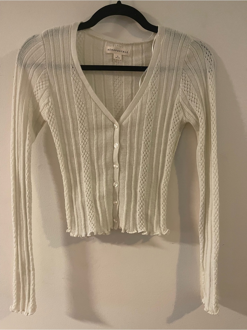 Aeropostale Women's Cream Knit V-Neck Button-Up Cardigan